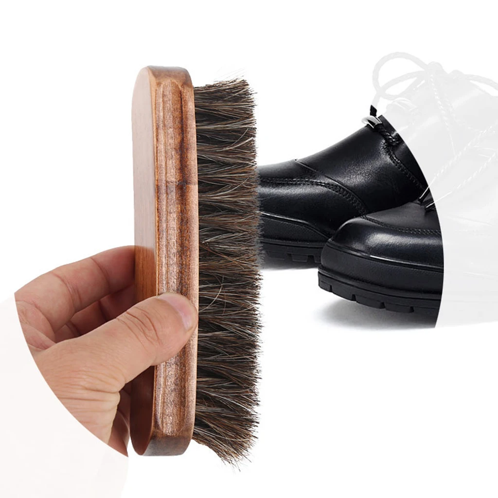 Pro Long Horse Hair Shoe Brush Boot Shining Polish Buffing Brush Wood Handle