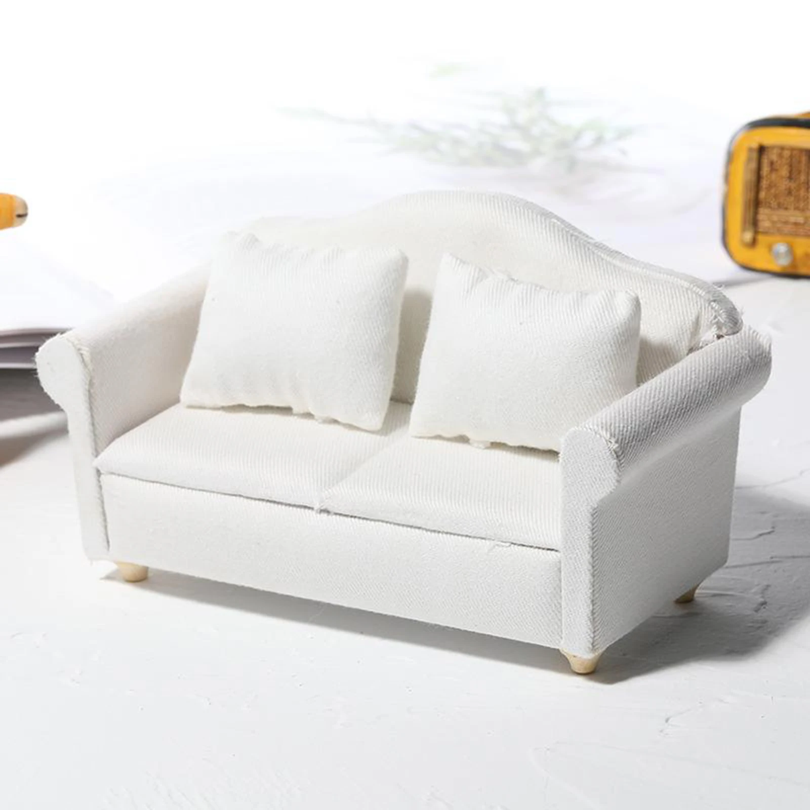 Pure White 1:12 Scale Mini Wooden Sofa Love Seat Dollhouse Miniatures Furniture Model w/ Cushion Living Room Decoration