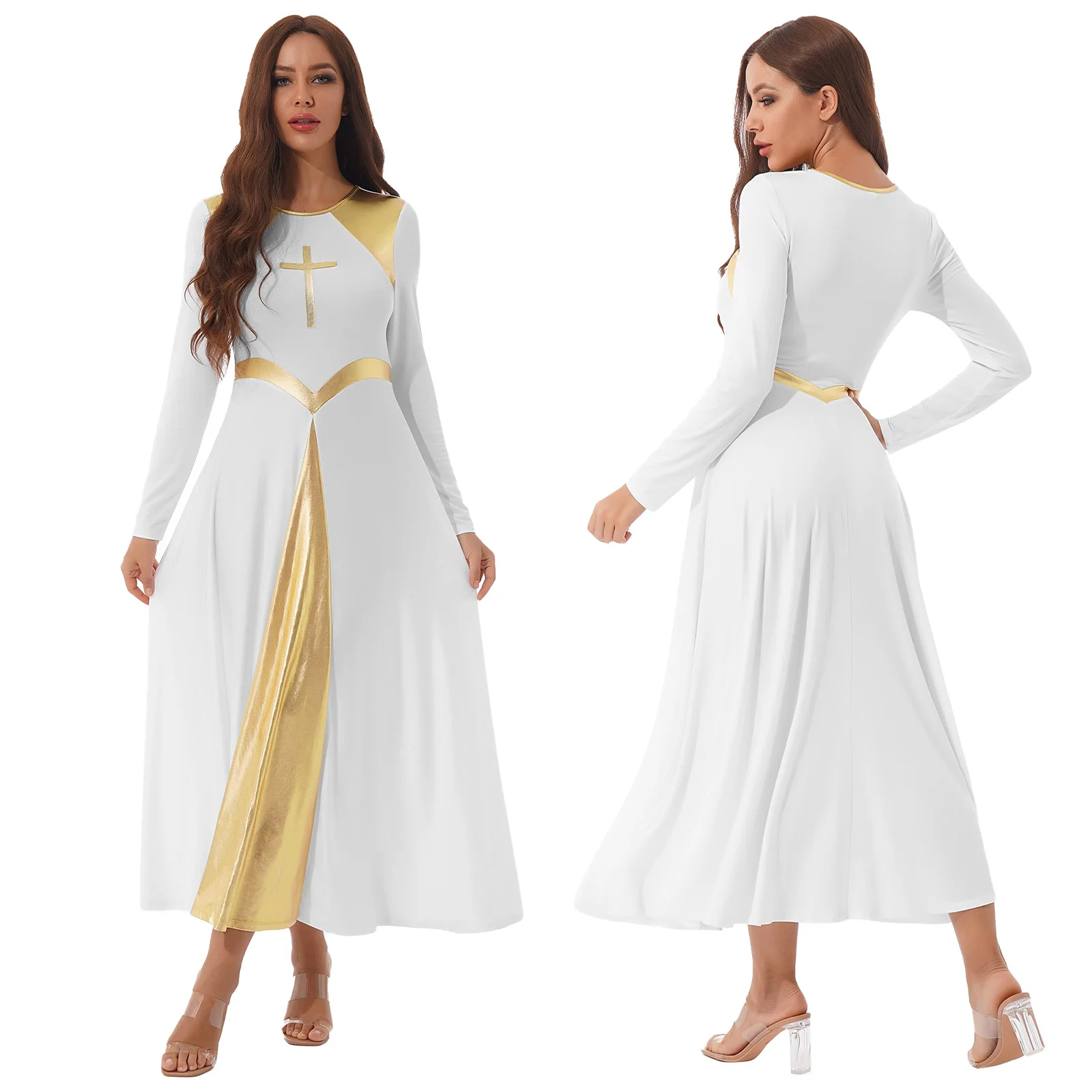 ELLYDOOR Womens Metallic Cross Worship Praise Dance Dress Bell Sleeve Liturgical Church Robe Lyrical Dancewear 
