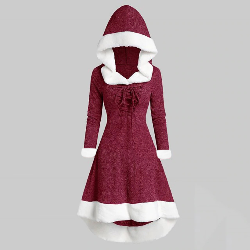 inverno vestidos de natal das mulheres do vintage vermelho com capuz midi vestido para festa de manga longa hoodie vestido de ano novo presente de natal