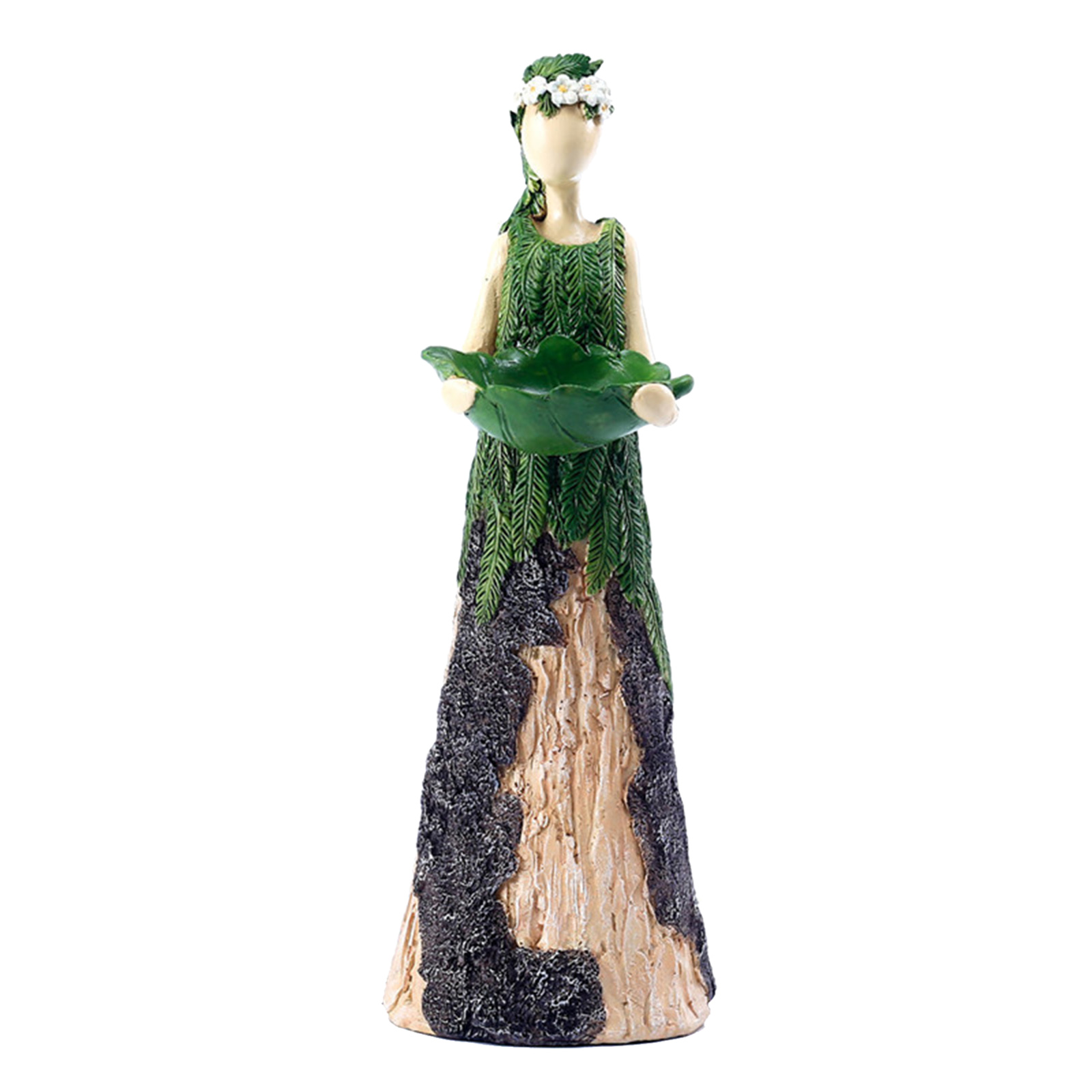 Outdoor Garden Fern Angel Goddess Fairy Statuary with Bird Feeder Resin Ornament 11 inches Tall