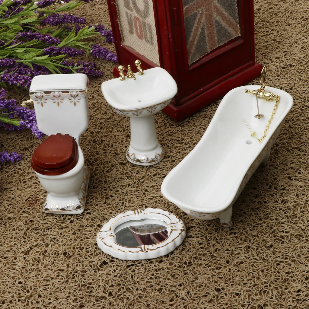 1/12 Dollhouse Mini Furniture Porcelain Bathroom Set Toilet Bathtub Basin #1 