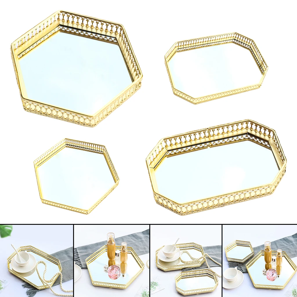 Golden Vanity Tray Mirrored Makeup Tray Perfume Dish Jewelry Display Decor