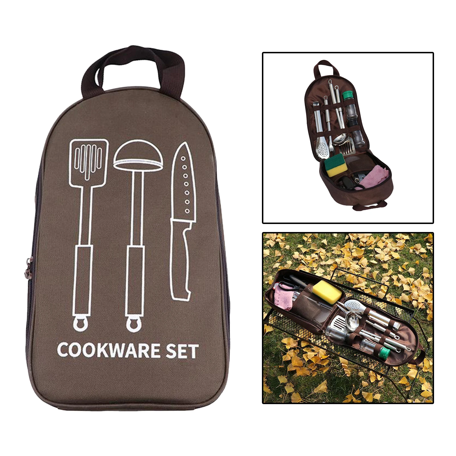 Camping Utensils Organizer Carry Bag Outdoor Cooking Camp Picnic 18-Piece Travel Cookware Set Compact Portable Bag Storage Pouch