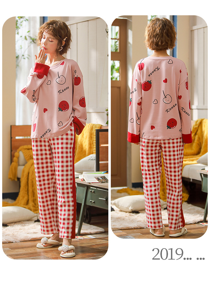Algodão dos Desenhos Comprida + Calça Slpbely Feminino Pijamas Conjunto Nightwear Primavera Bonito Animados Manga Casual Casa Roupas 16 algodão dos desenhos animados manga comprida +