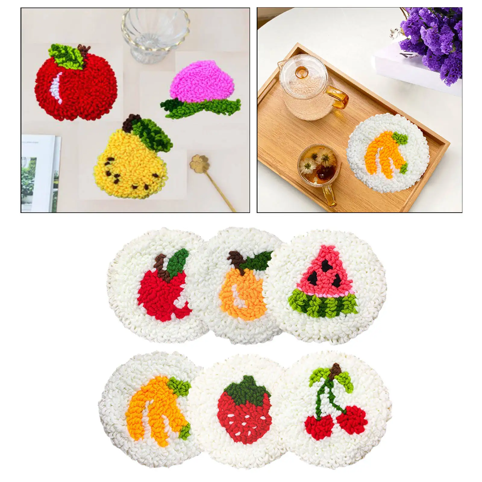 4/6PCS Fruit Pattern Punch Needle Coaster Kit with Yarn for Beginners Easy Embroidery DIY Needlework Wool Work Cup Mat
