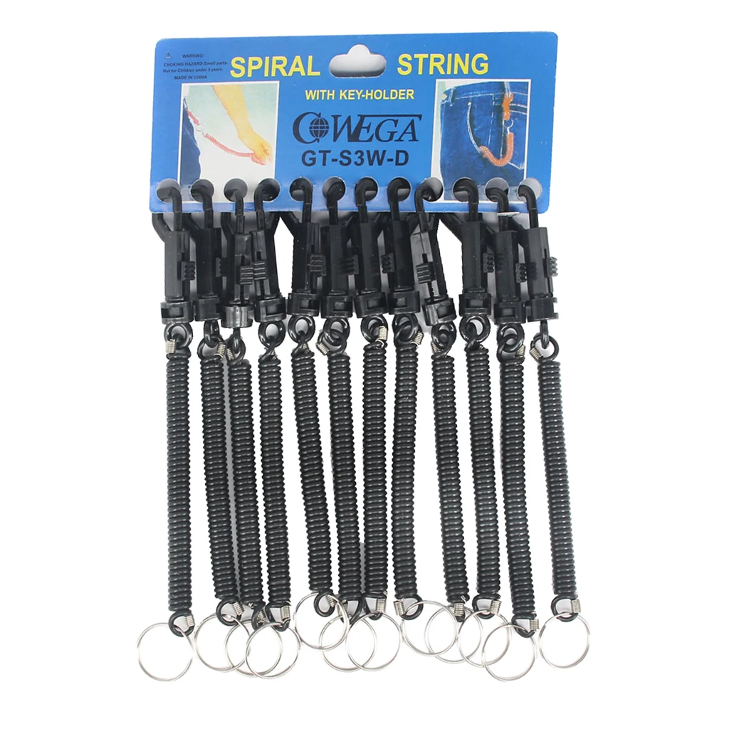 12pcs Retractable Spiral Stretch String Keychain Keyring Black