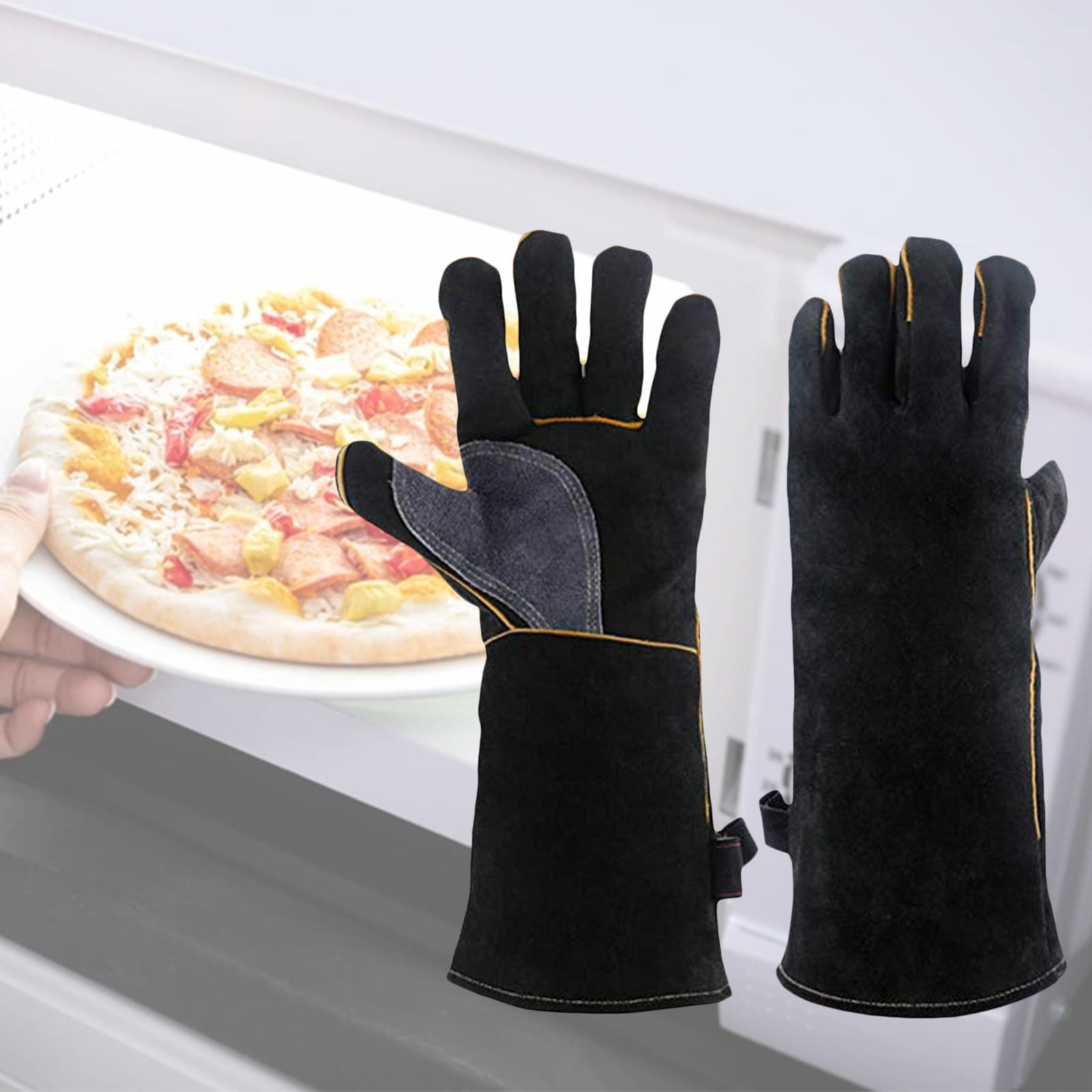 Heat Resistant BBQ Gloves 16 inch with Stitching Leather Oven Mitts for Baking Cooking Kitchen Furnace Fireplace