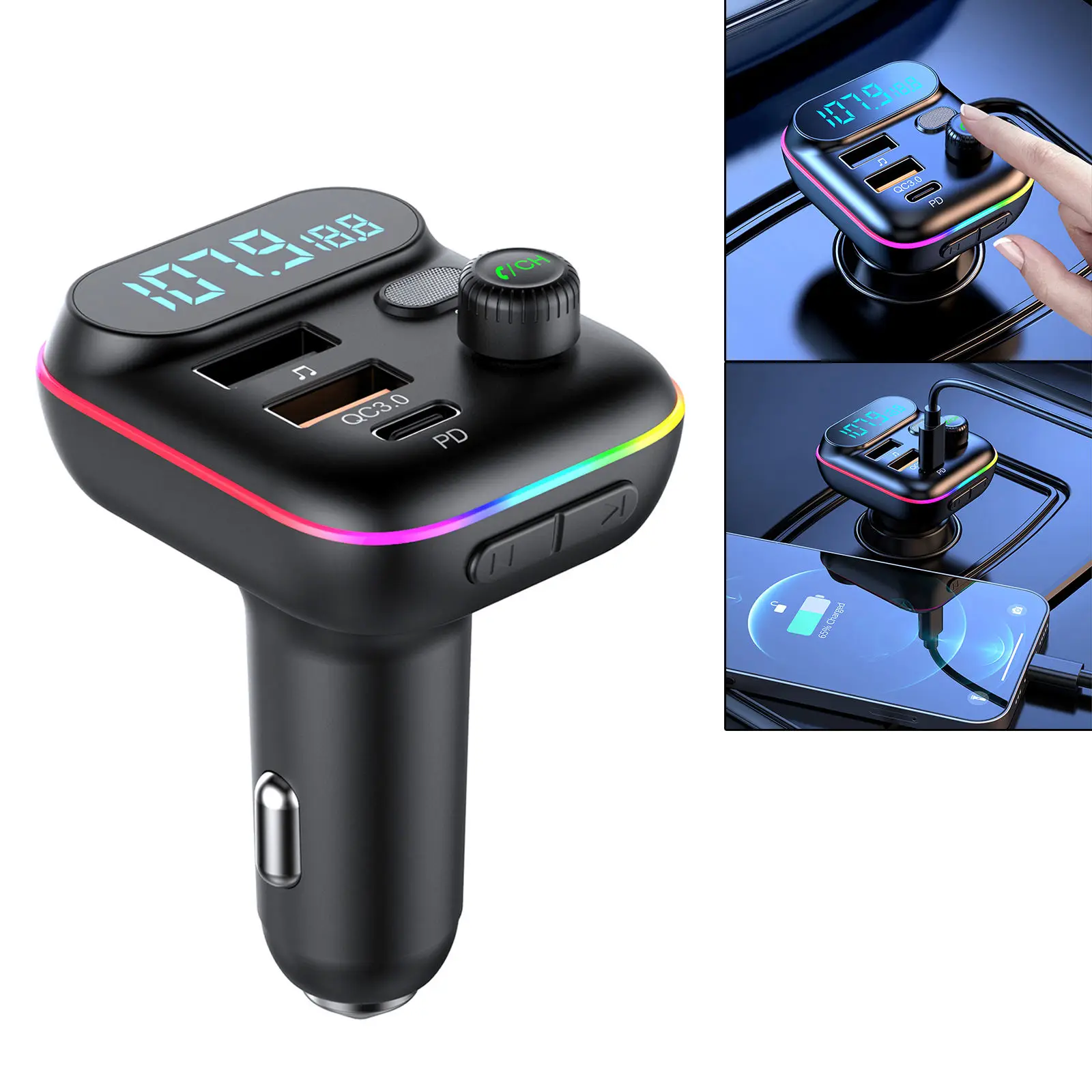 Car FM Transmitter PD20W 5V/3A USB QC3.0 Fast Charging MP3 Player U Disk Playback Voltage Display 7 Color Atmosphere Light