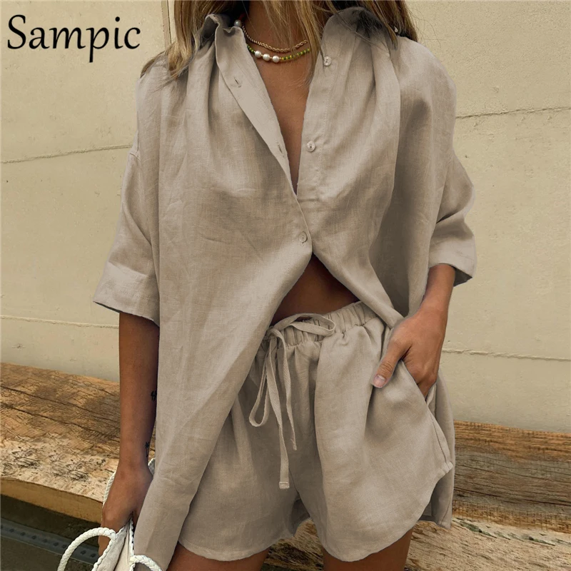 New Casual Summer Tracksuit Female Two Piece Set Solid Color Turn-Down Collar Short Sleeve Shirt Tops And Loose Mini Shorts Suit plus size loungewear sets