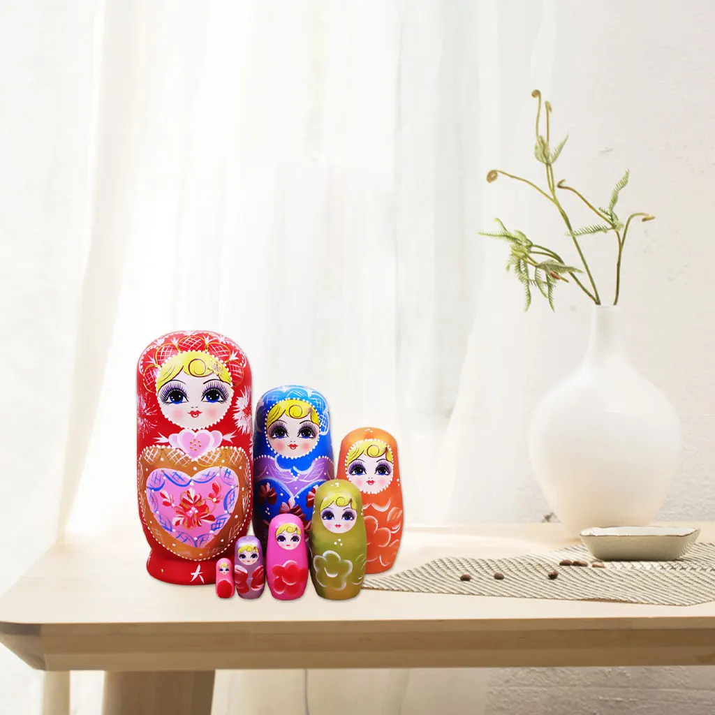 Set of 7 Girl Style Wooden Russian Nesting Dolls Set Matryoshka Toy