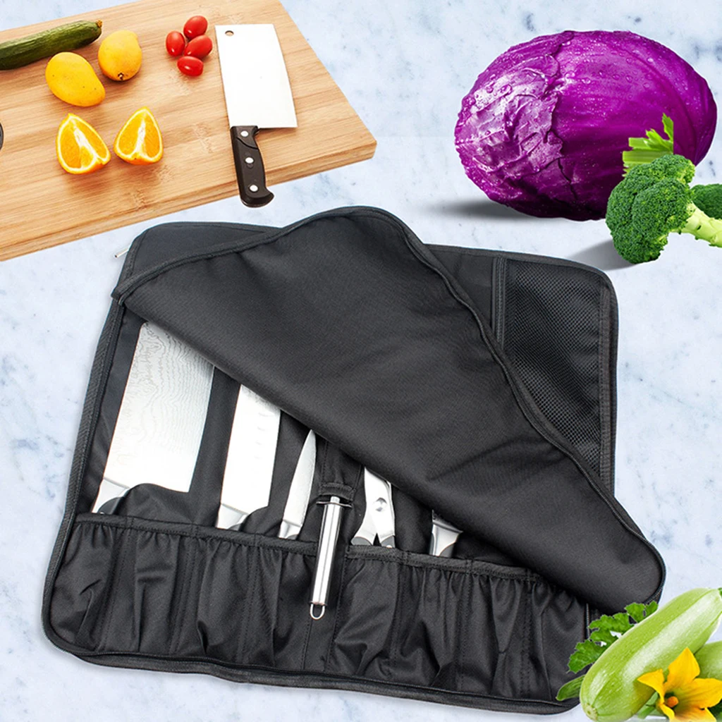 8 Pocket Fabric Chef Knife Roll Bag Travel-friendly Knives Storage Case