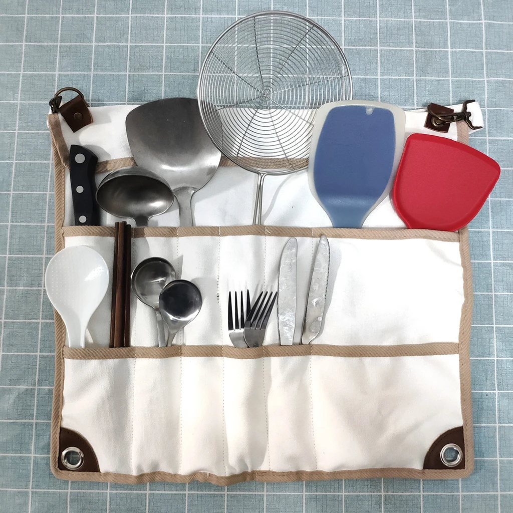 Roll Up Camping Picnic Tableware Canvas Storage Bag Barbecue Outdoor Kitchen Cooking Utensil Multi-Compartment Organizer Holder