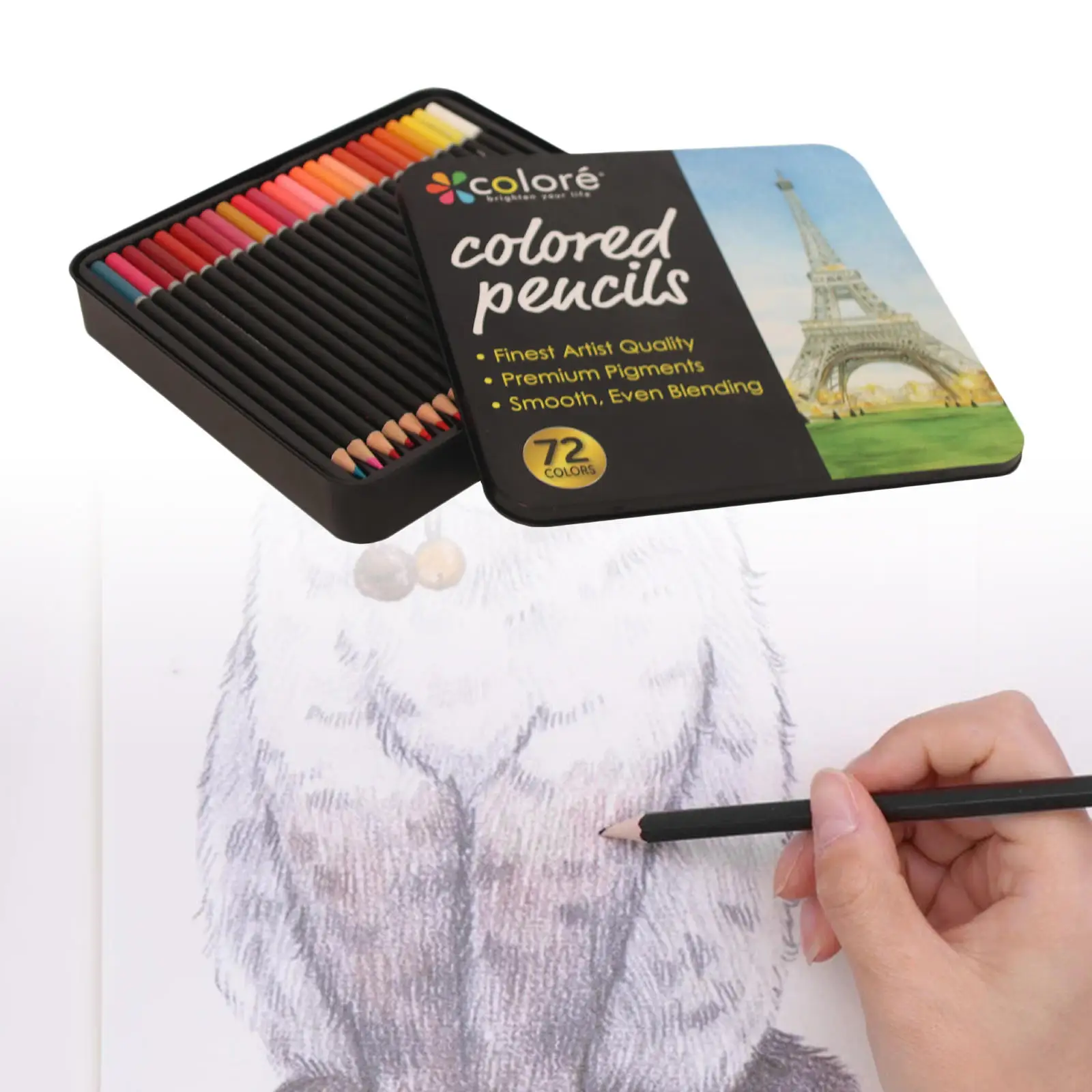 Colored Pencils Professional Set of 72 Colors, Soft Wax-Based Cores, for Drawing Art Sketching Shading Coloring Tin