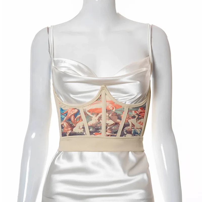 Y2K Women Vintage Aesthetic Print Waist Corset Underbust Bustier Push Up Wide Belt Club Party Wear for Body Shaping