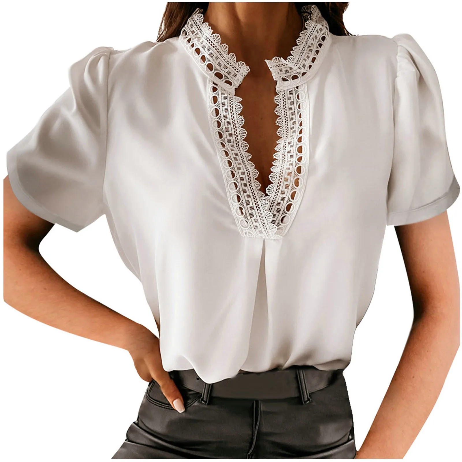 Lace Hollow Out Blouse Women Solid Short Sleeve Slim Sexy Casual Blouse Tops Chemise Femme Women Blouses 
