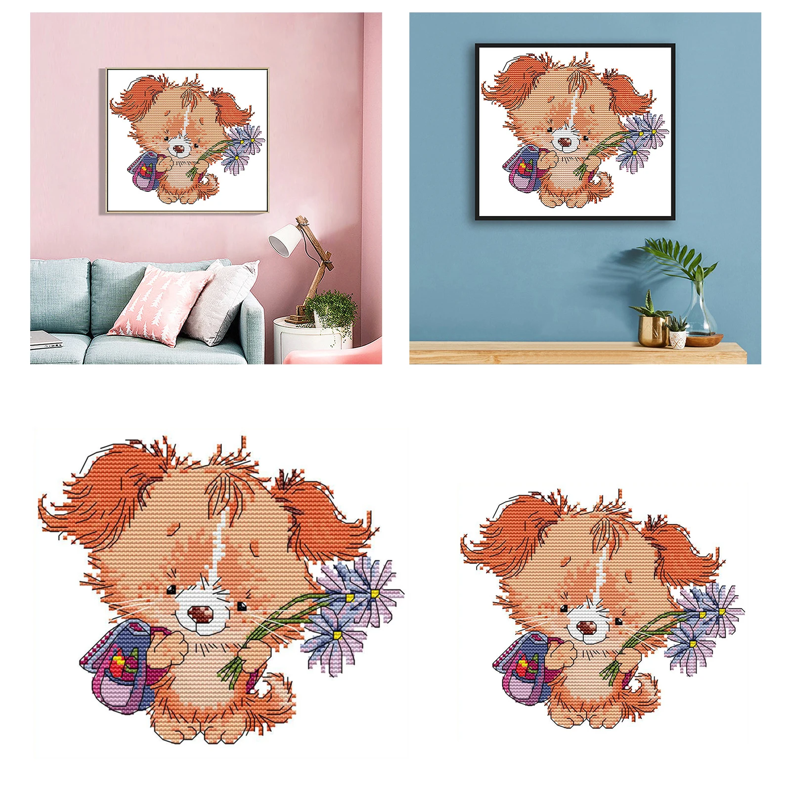 1Set Cross Stitch Kit Pre-Printed Dog with Flower DIY Embroidery Needlepoint