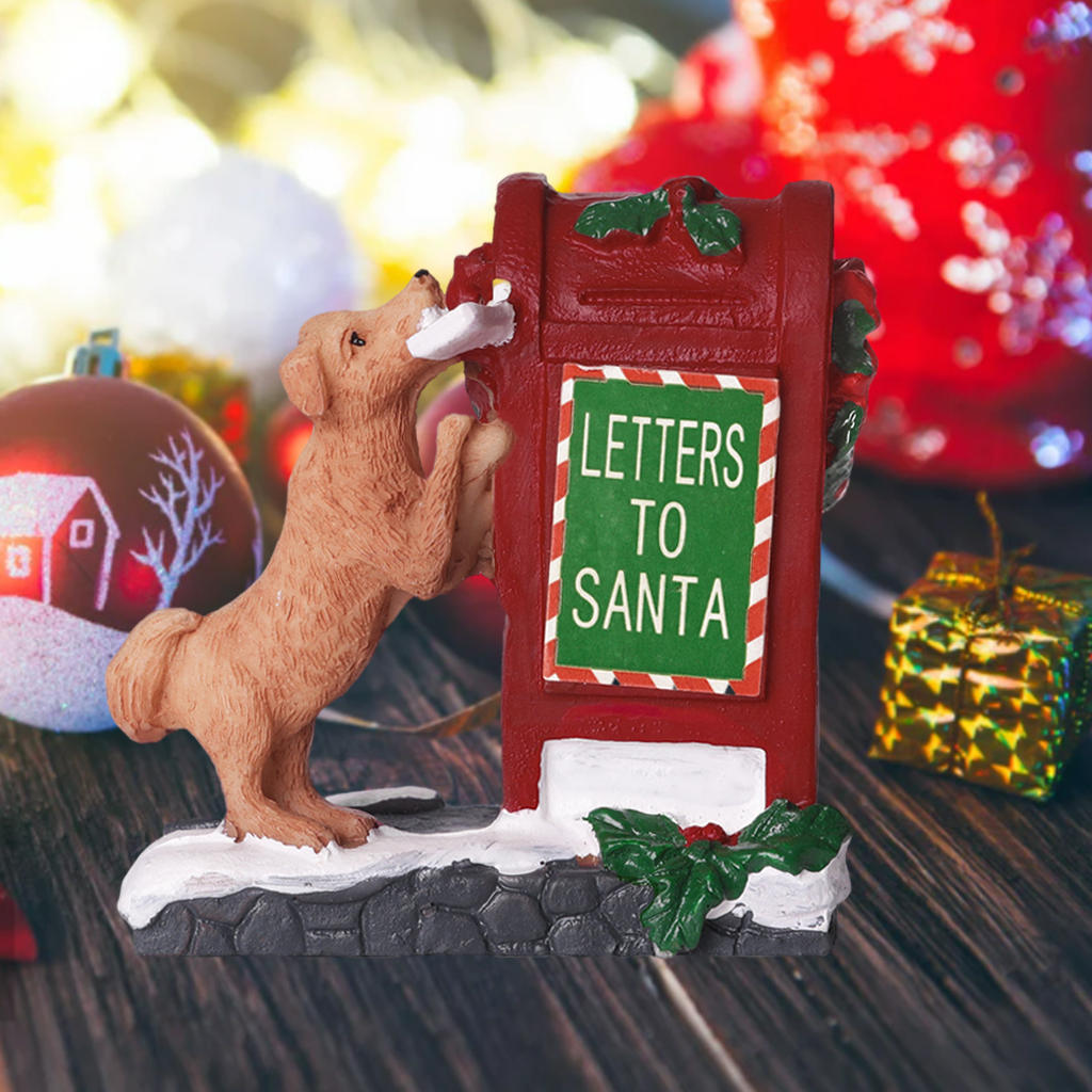 Christmas Statue Figurine Cute Doggy Letter Santa's Mailbox Sculpture Art for Table Bedroom Living Room Home Decor Office