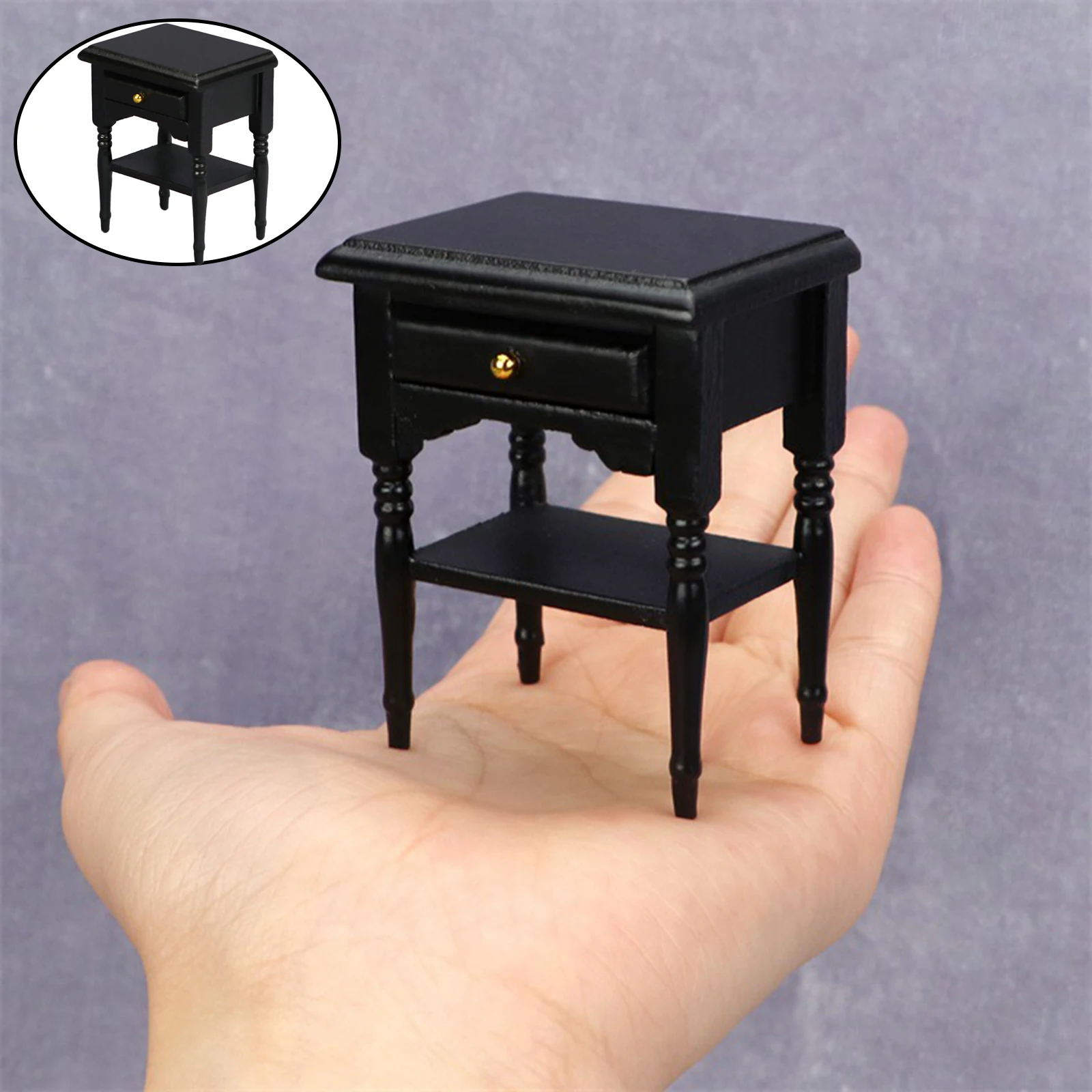 1:12 Dollhouse Wooden Bedside Table, Miniature Birch Nigh Table Nightstand for Room Bedroom Furniture Set Accessory DIY Black