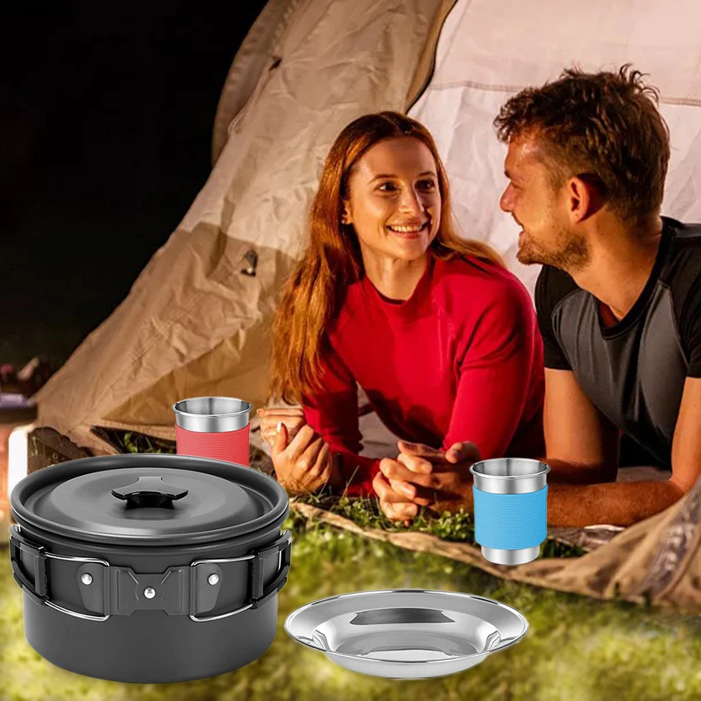 Portable Camping Cookware Backpacking BBQ Mess Kit 2-3 People Outdoor Pan Foldable Cooker W/ Carry Bag