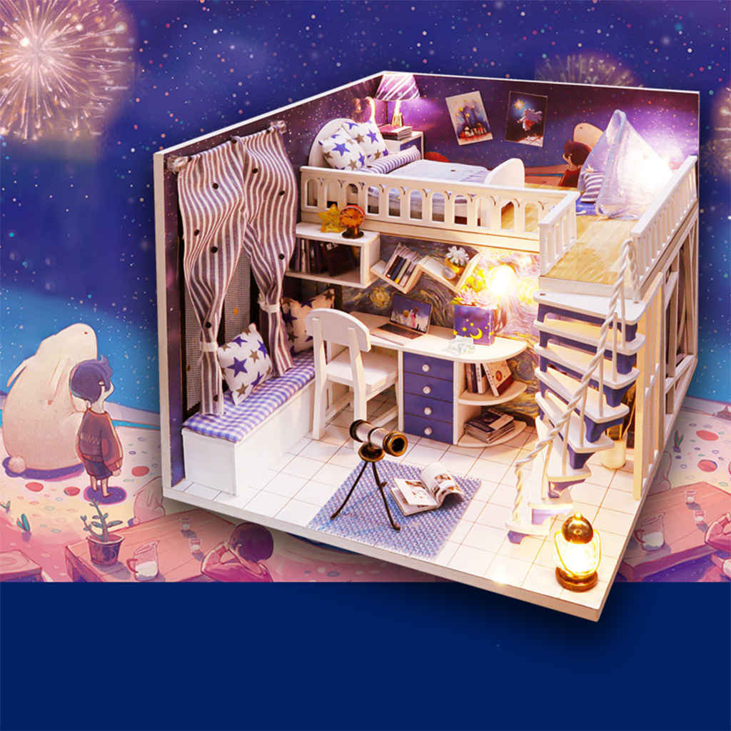 DIY Creative Dollhouse with Realistic Furniture Kit w/ LED Light Battery Case Wooden Crafts Themed Cottage Doll House Toys Gift
