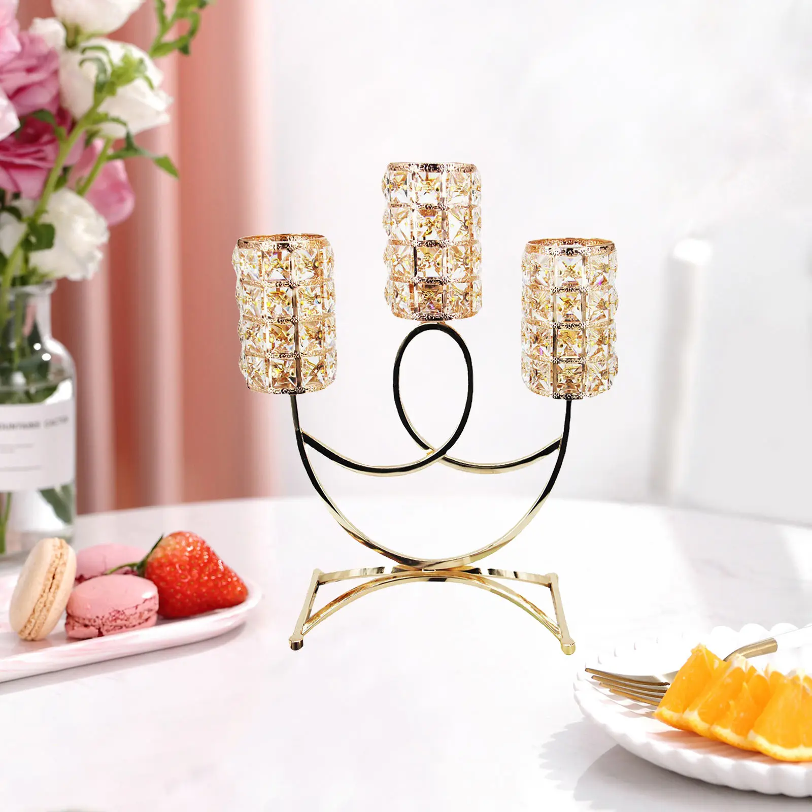 Decorative Golden Crystal Candle Holders Tea Light Candlestick with 3 Candelabras for Dinning Room