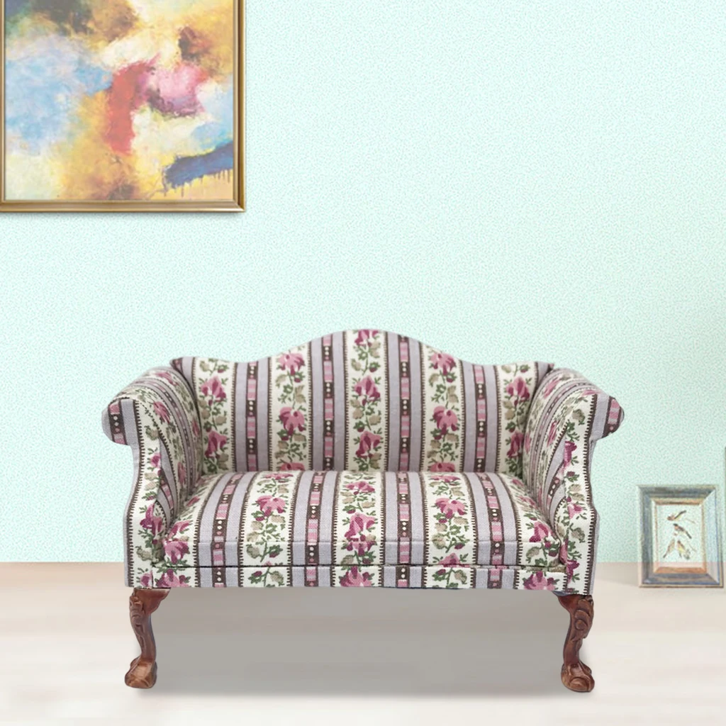 Miniature Wood Mini Upholstered Floral Printed Sofa Furniture 1:12 Dollhouse Living Room Life Scene Decorative DIY