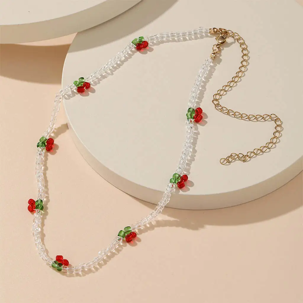 Sweet CHERRY Necklace Choker for Ladies Summer Beach Teens Summer Fruit Party Jewelry