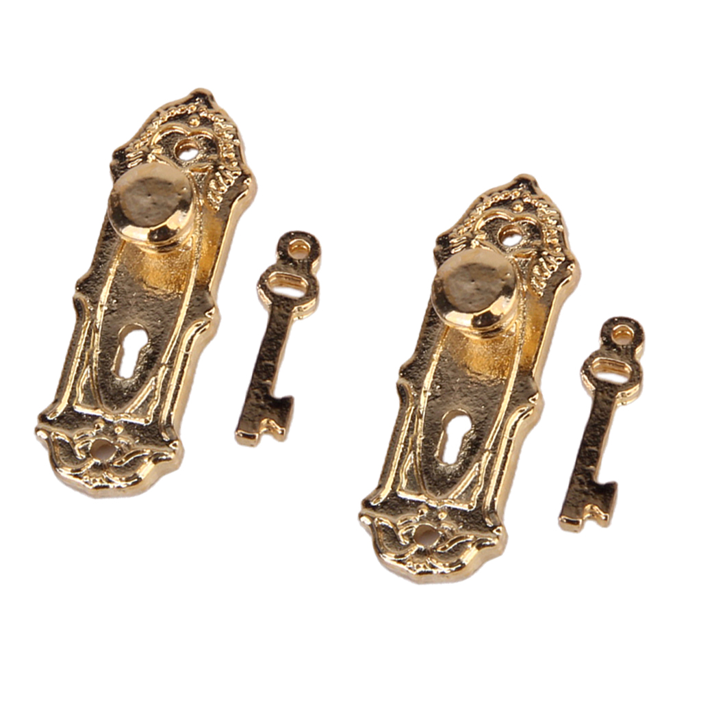 Dollhouse Miniature 1/12 Gold Metal House Hardware Door Lock And Key 2 Sets