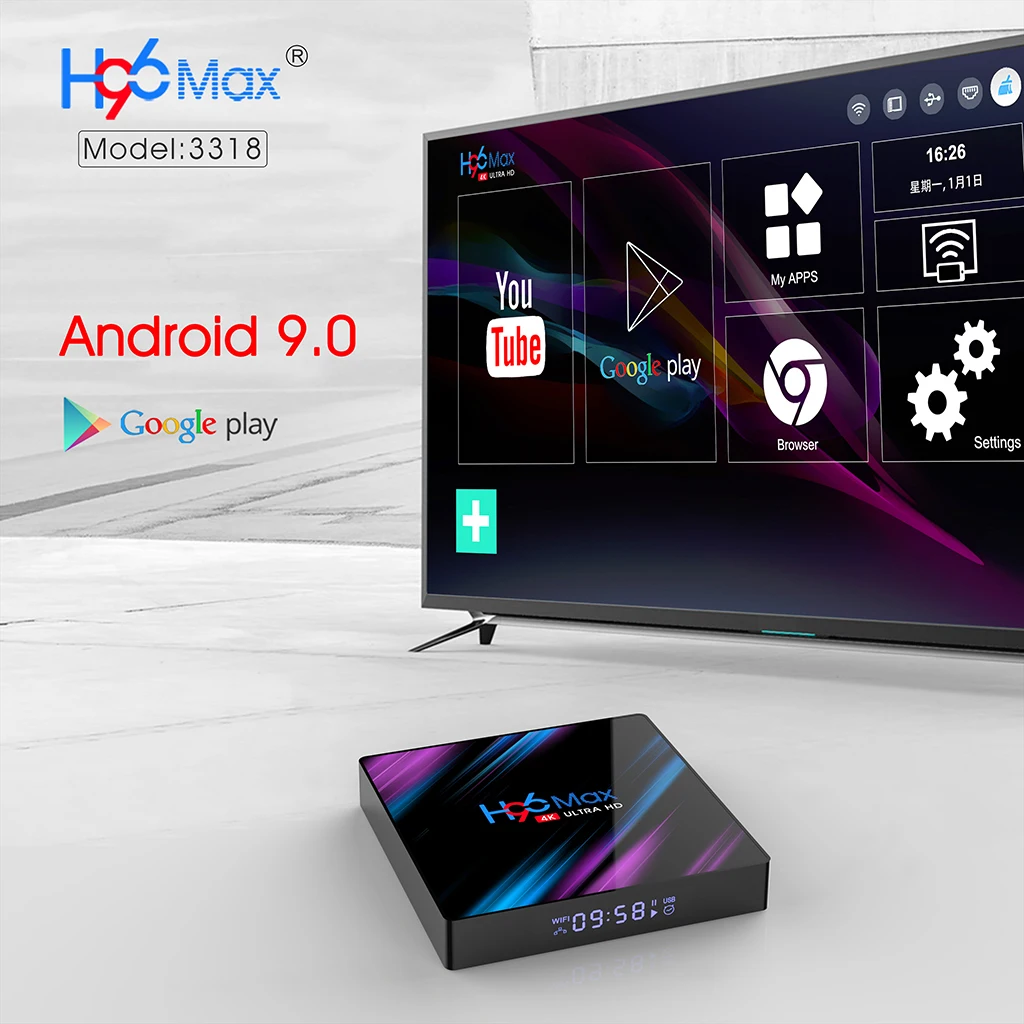 H96 max 3318 4+64GB Smart TV Box Quad Core USB3.0 Android9.0 Dual-band 4K EU