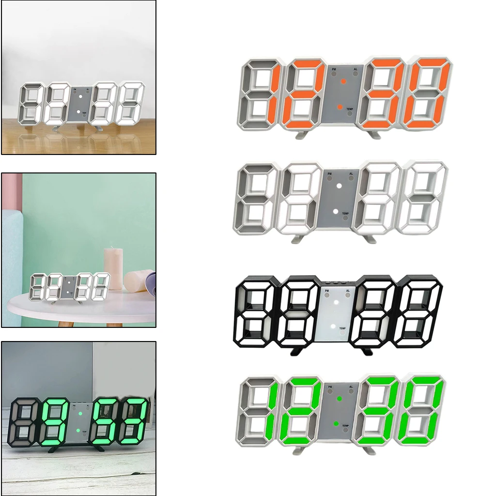 3D LED Wall Clock Adjust Brightness Nightlight Temperature Alarm Clock Timer