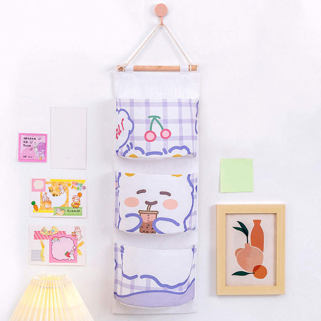 Cute Wall Hanging Storage Bag 3 Pockets Organizer Closet Pouch Waterproof Door Cotton for Keys Wardrobe Toys Cosmetic Home Decor