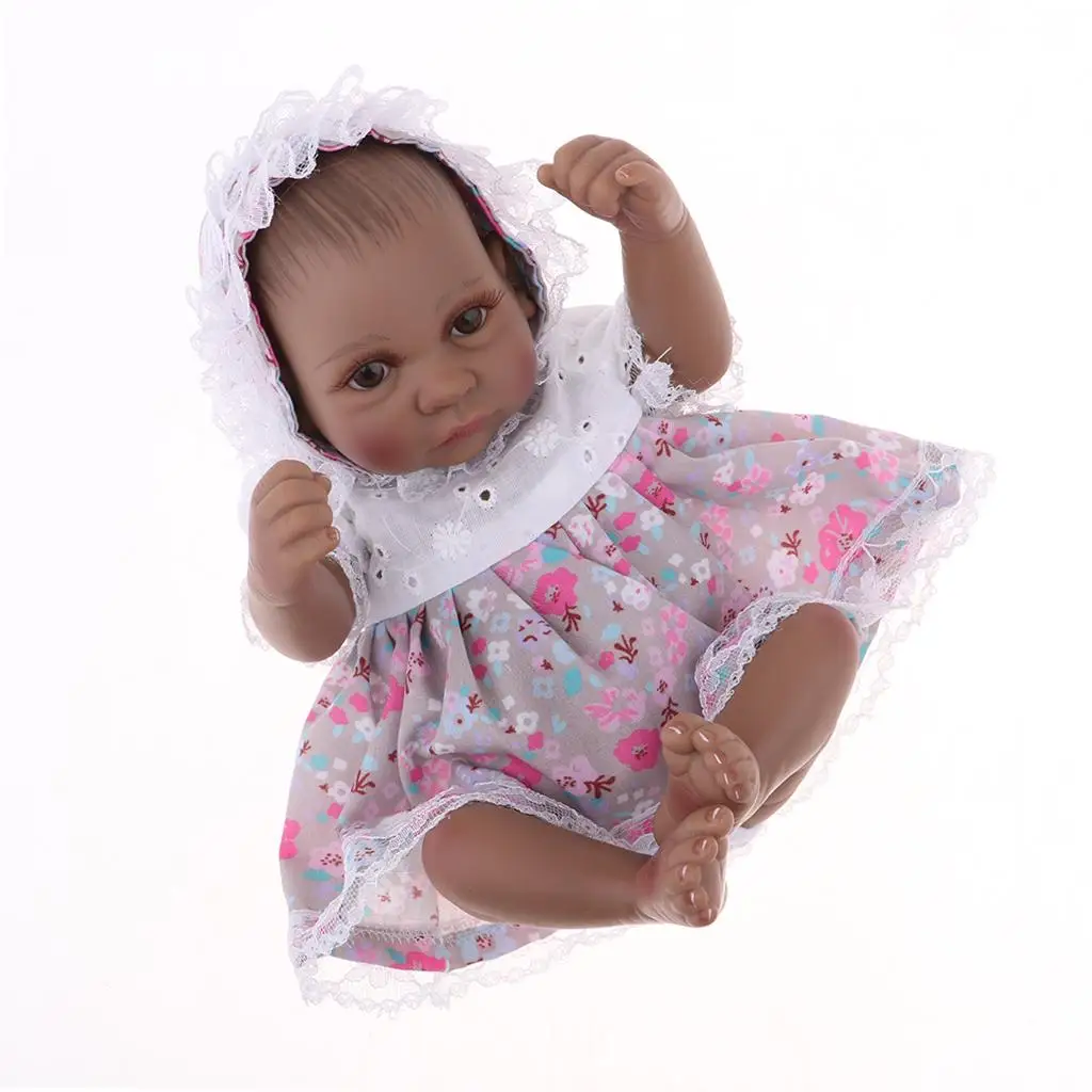 Real Life 11 Inch Full Silicone Reborn African American Baby Girl Doll with Floral Dress Hat Set Christmas Gift