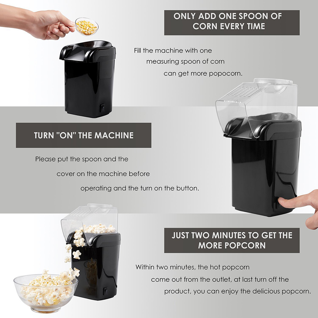 Small 1200W Hot Air Popcorn Popper Maker Machine with Measuring Cup, 3 Min Fast Popping -EU