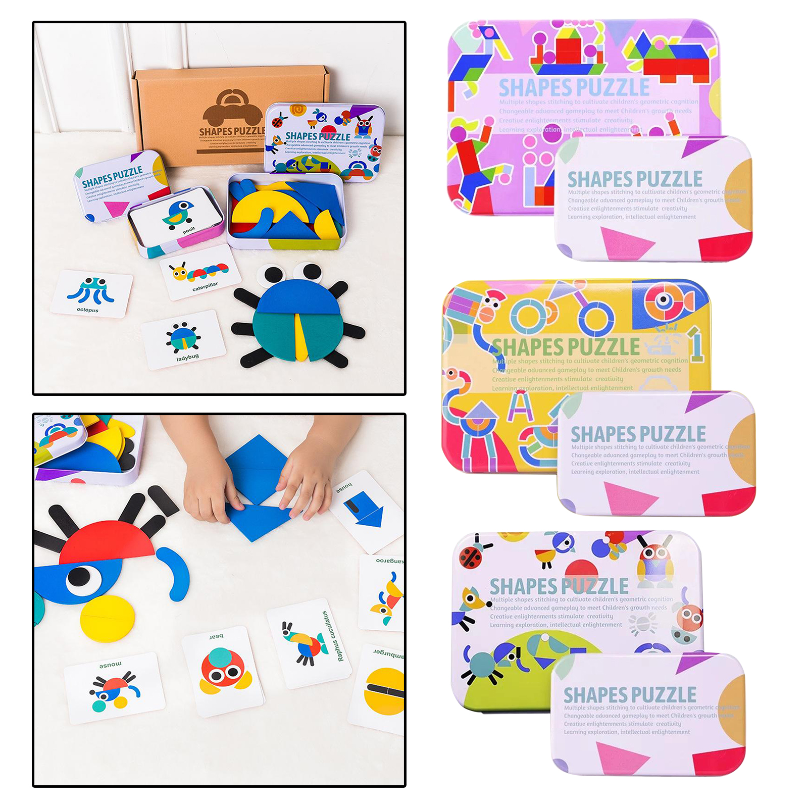 Wooden Pattern Blocks Set Shape Puzzle Kindergarten Classic Educational Montessori Tangram Toys for Kids Toddlers Ages 3-8