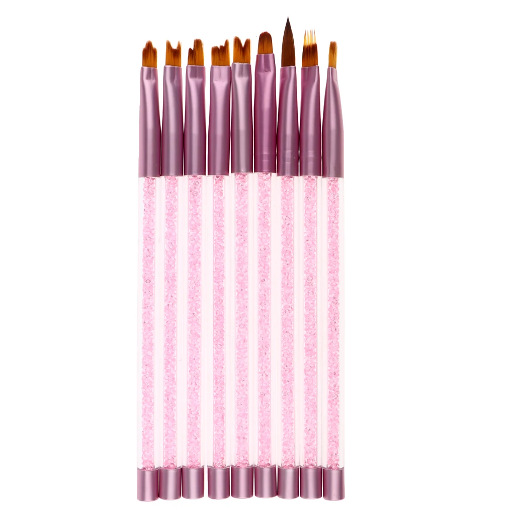 9PCS UV Gel Acrylic Nail Brush Nail Art Tips Builder Brush Nail Painting Brush Pen Set with Acrylic Rhinestone Handle