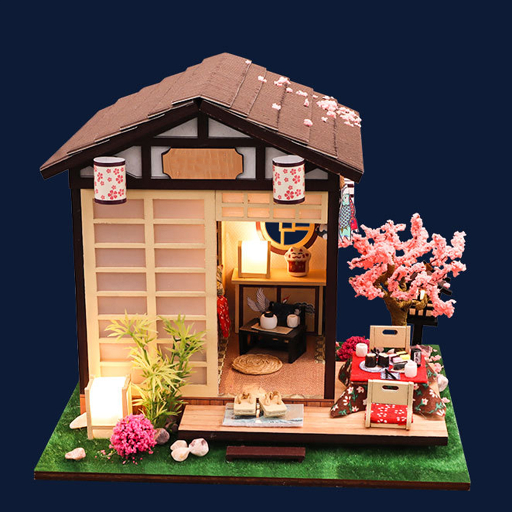 DIY Dollhouse with Realistic Furniture LED Light Battery Case Wooden Japanese Cottage Toys for Kids Adults Birthday