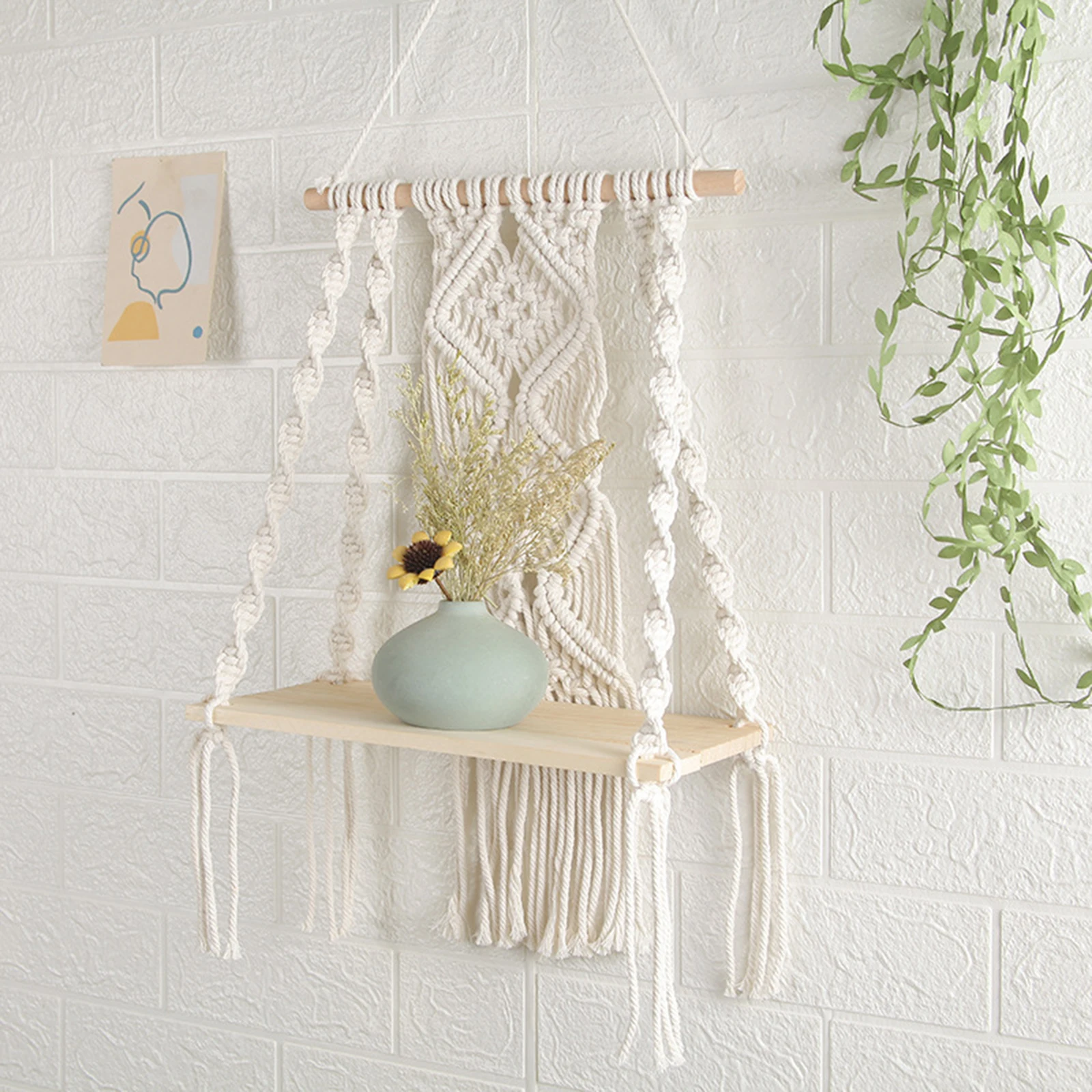 Chic Bohemian Tapestry Wall Shelf Woven Cotton Rope Plant Rack Home Decor