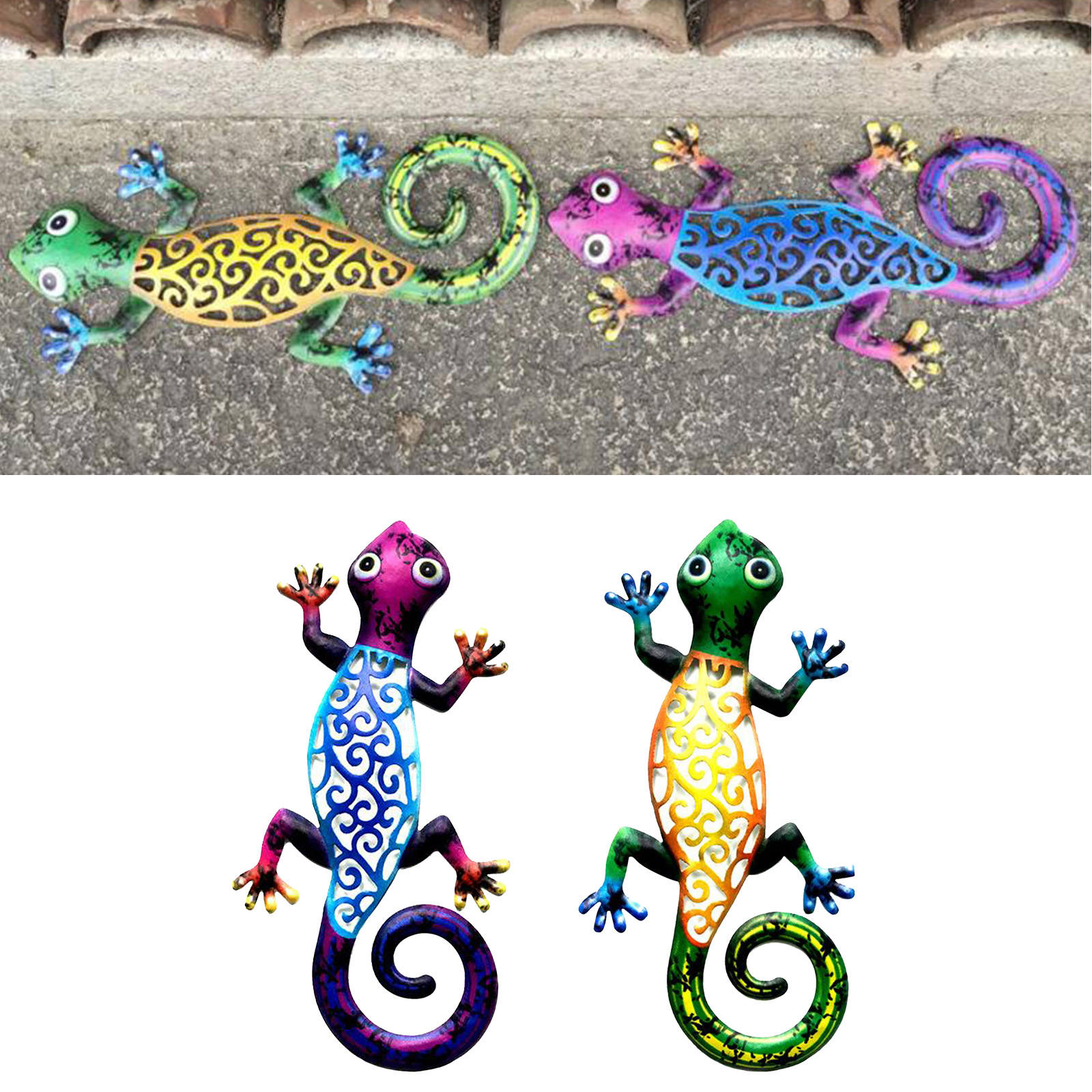 Iron Art Gecko Ornaments Outdoor Metal Lizard Art Hanging Sculpture for Patio