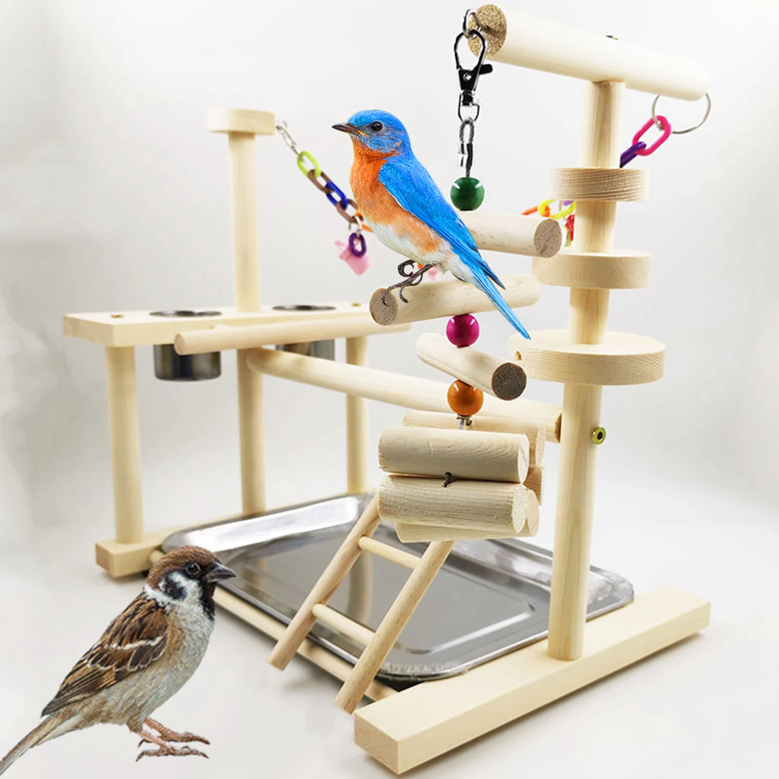 Parrot Playstands With Cup Toys Parrot Play Perch Bird Parrot Playstand Stand Playground Wooden Perch Climbing Hanging Ladder