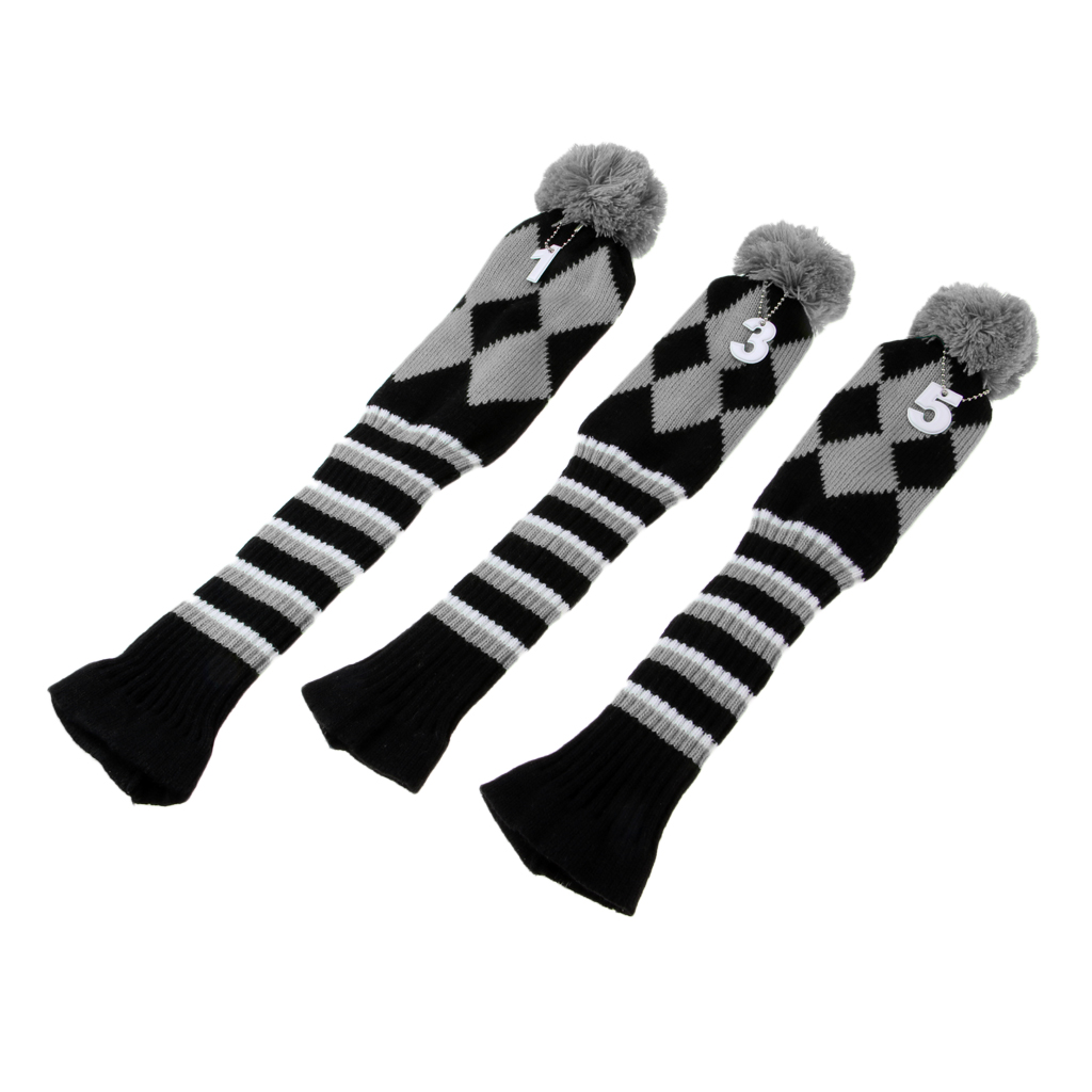 Set of 3 Vintage Golf Knitted Pom Pom Sock Covers 1-3-5 Golf Headcover For Dirver/Fairway Wood Long Neck Golf Club Headcovers