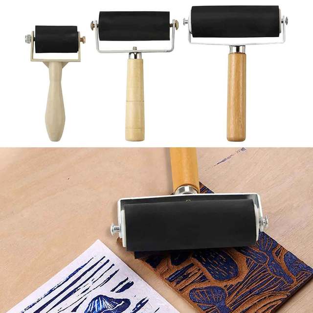 3Pcs Rubber Brayer Roller Wood Handle Ink Painting Stamping Tool