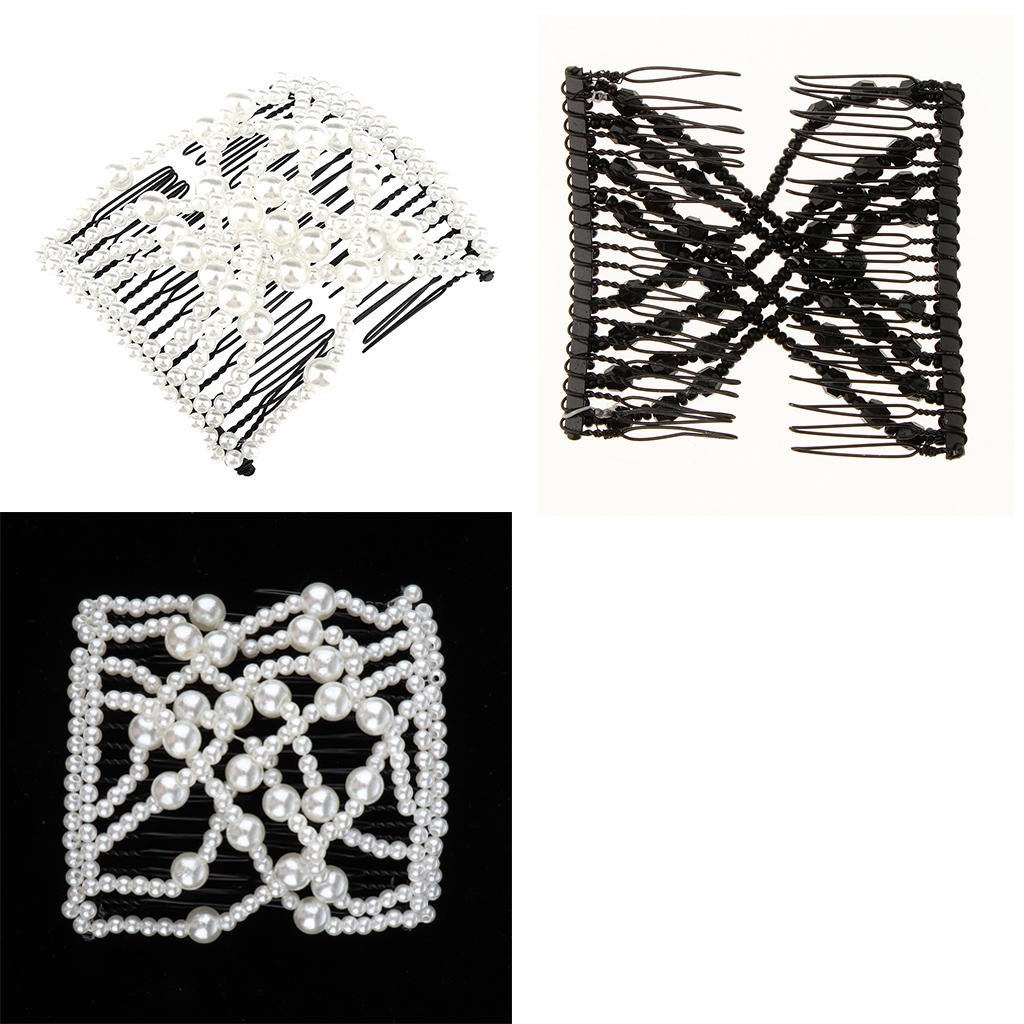 2Pcs Double Slide Hair Comb Magic Bead Stretchy Hair Combs Clips Black+White Headwear Accessories
