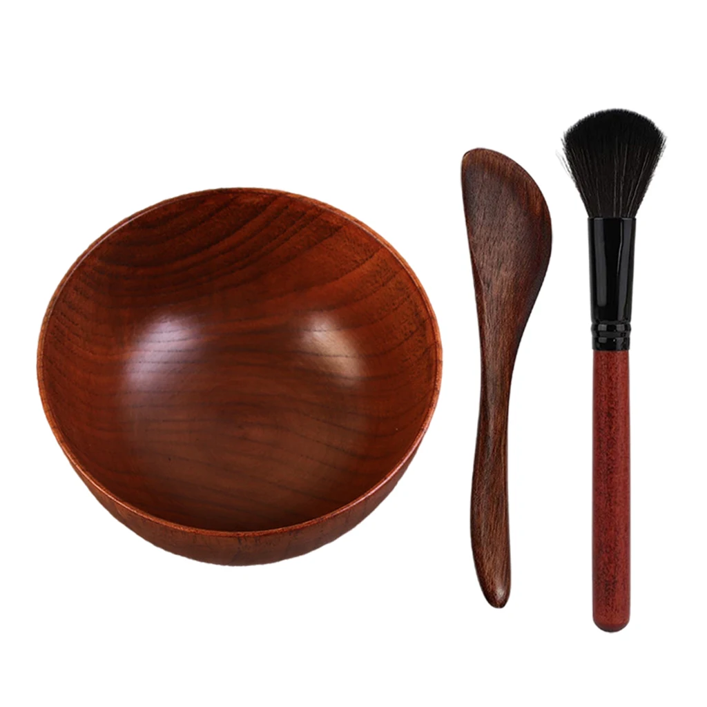 3-Pack DIY Wooden Facial Mask Bowl Set Clay Mask Mixing with Brush Spatula