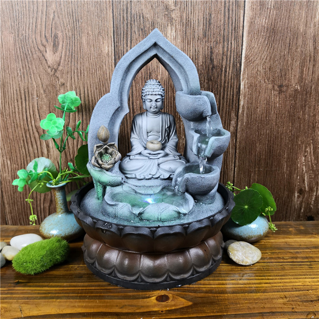 Resin Buddha Tabletop Waterfall Zen Fountain Desktop Tea Table Decoration Relaxation Ornament for Home, Office, Bedroom