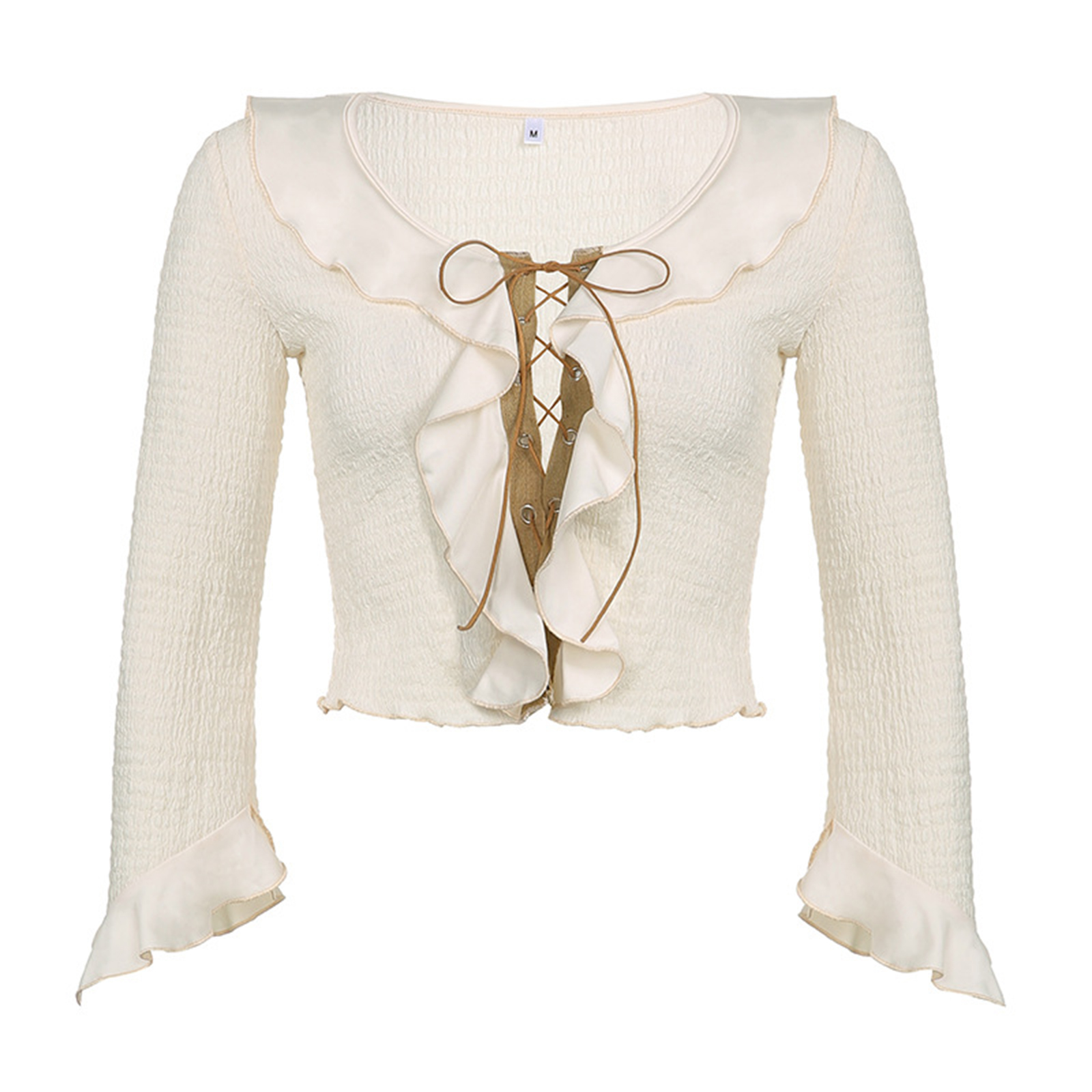 Waliicorners Long Flare Sleeve V Neck Slim Fit T-Shirt Casual Sweet Bandage Ruffle Patchwork Crop Top 6 H3a48e19f231242ce8b1a8748f0256e046