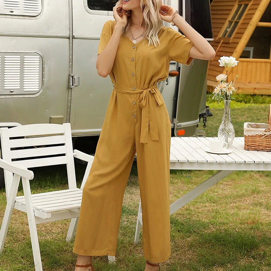 Jumpsuits For Women 2021  Summer Casual V-neck Strapped Single-Breasted Women Rompers Short Sleeve Wide Leg Loose Jumpsuit chino shorts