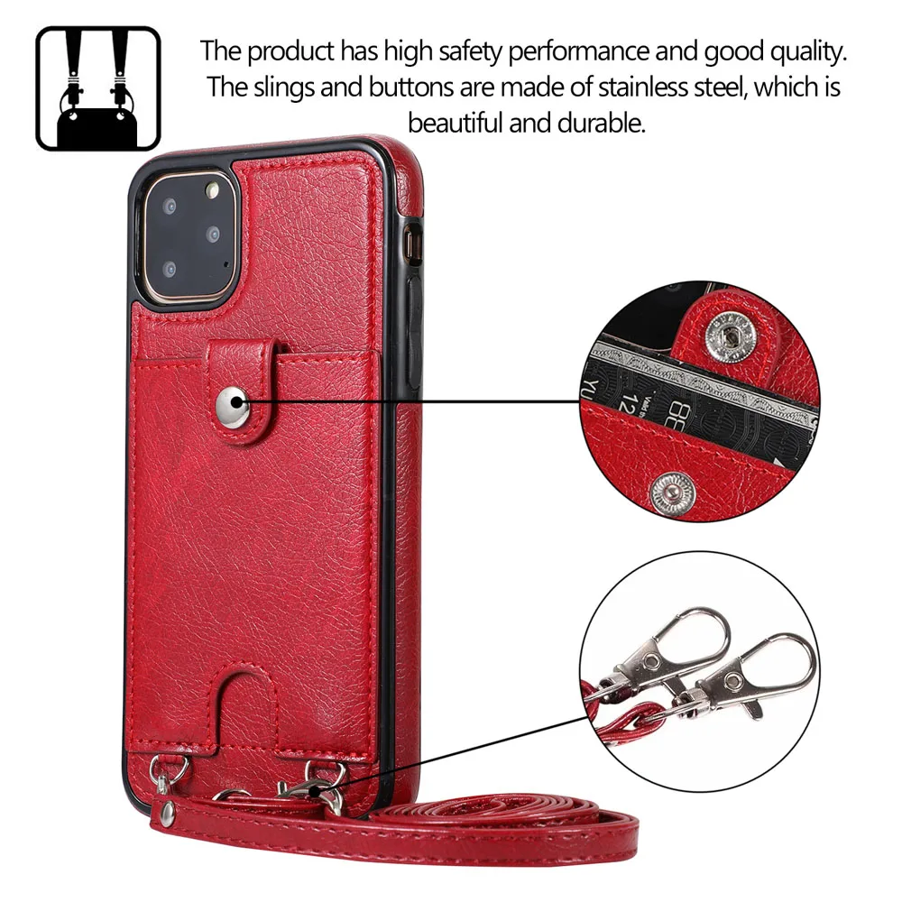 case iphone 6 Lanyard Necklace Chain Leather Phone Case for iPhone 12 mini 11 Pro Max XR X XS Max 7 8 Plus Strap Cord Rope with Wallet Cover iphone 8 plus case