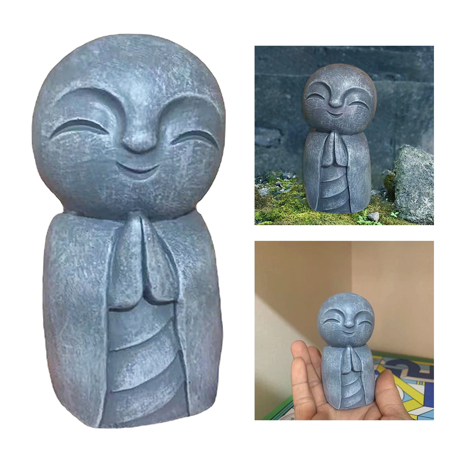 Resin Japanese Buddha Little Smiling Jizo Monks Sculpture w/Hands Clasped Statue Figurine Desk Shelf Decoration