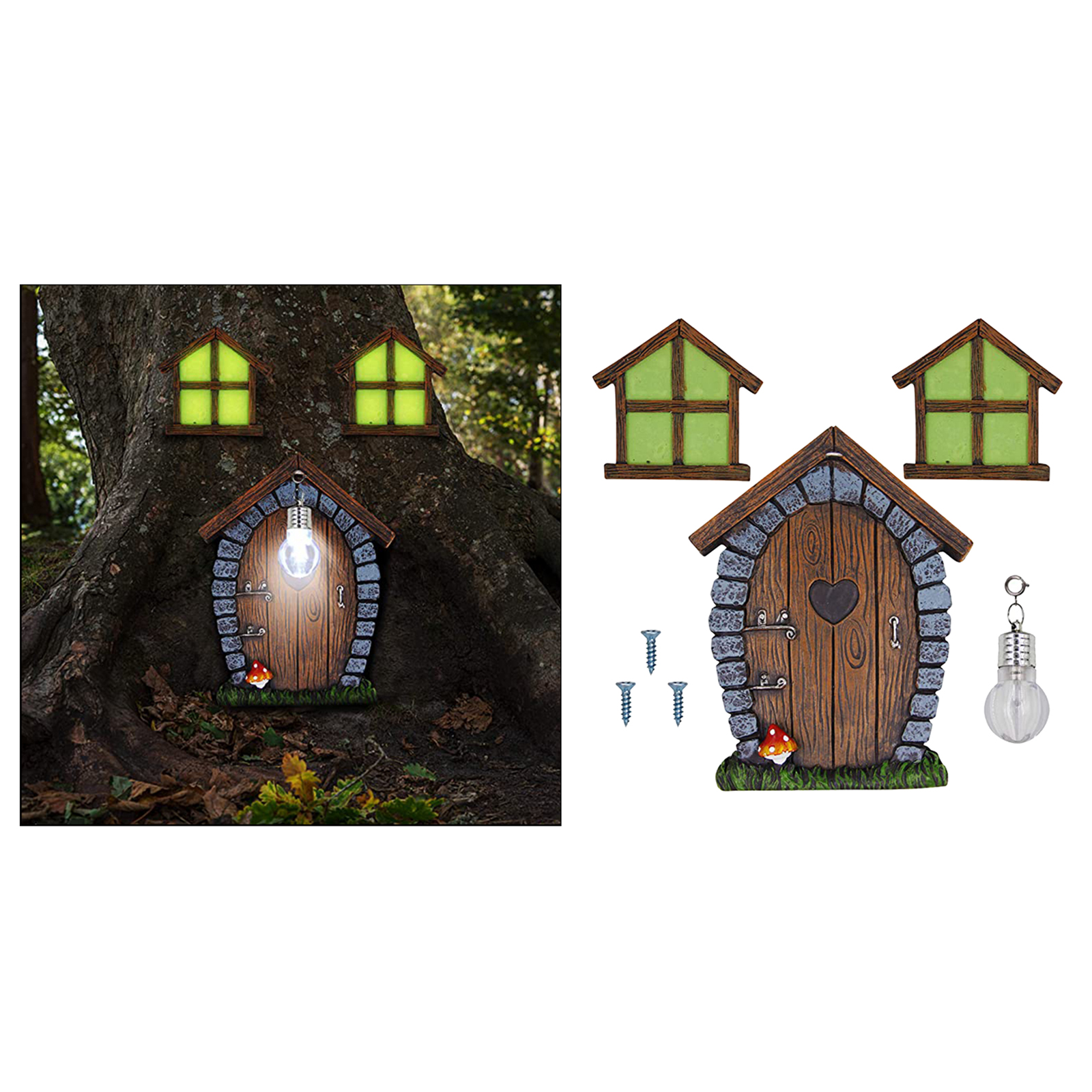 Glow in Dark Miniature Fairy Garden Gnome Door 6.7 Inches Tall and Windows with Litter Lamp Garden Tree Art Decor Ornament
